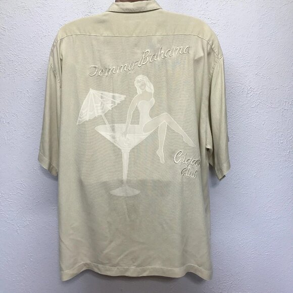 Tommy Bahama Shirt Mens XXL Beige Silk Embroidered Cigar Club Short Sleeves - Picture 1 of 9